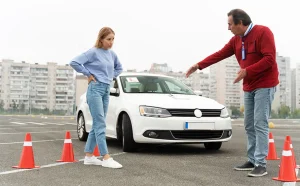 A man and woman standing by cones next to a parked car.